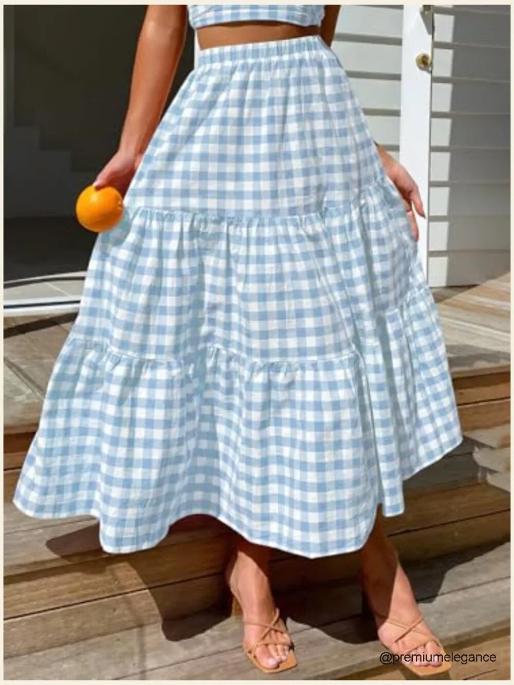 Slim Fit Elastic High Waist Plaid Gingham Tiered Flowy Boho Maxi Skirt with
